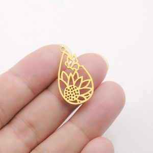 Handheld gold hollow water drop pendant with sunflower and butterfly stainless steel design