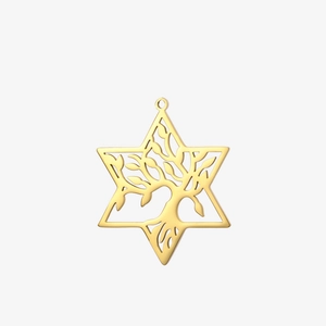 Macro detail of golden hexagram Tree of Life pendant with polished hollow metal finish