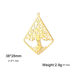 Golden Tree of Life hollow diamond pendant in stainless steel, size 38x28mm and 2.9g weight