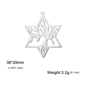 Polished stainless steel Tree of Life pendant within Star of David frame, 36x29mm size