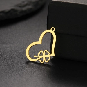 Polished gold stainless steel asymmetric heart pendant with clover detail for DIY jewelry