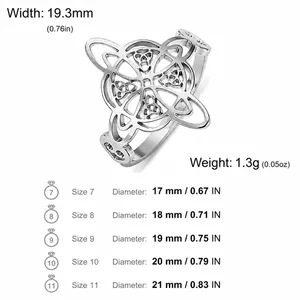Vintage Hexenknoten Ring aus Edelstahl mit detaillierter Größentabelle und Abmessungen