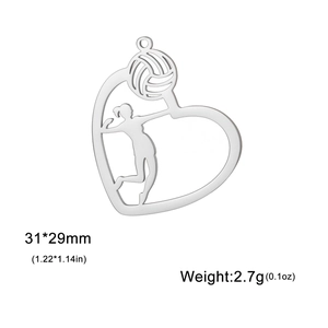 Polished stainless steel heart-shaped volleyball player silhouette charm pendant