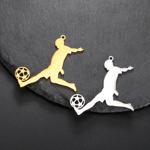 Polished stainless steel soccer player pendants in silver and gold finishes