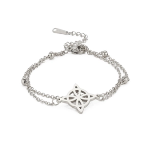 Detailansicht der silbernen doppelten Edelstahl-Fußkette mit Hexenknoten und Perlen