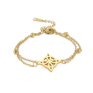 Doppelreihige goldene Hexenknoten-Fußkette aus Edelstahl mit Perlen und Verschluss