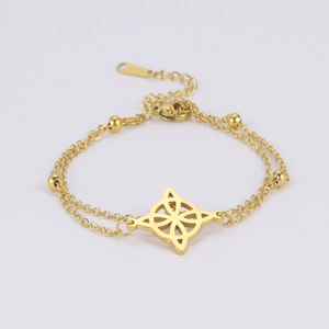 Detail der 18K goldenen Edelstahl-Fußkette, doppellagig mit Keltenknoten und kleinen Perlen