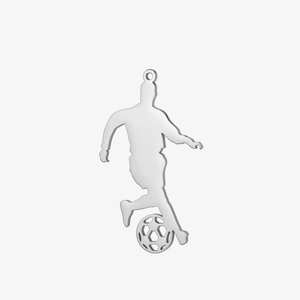 Polished silver soccer player silhouette pendant with ball and metal jump ring detail