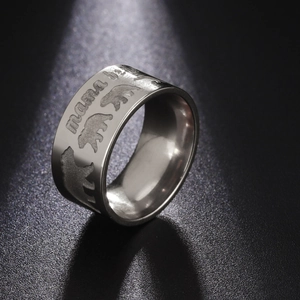 Polished stainless steel mama bear ring with engraved bears and matte finish on 10mm band
