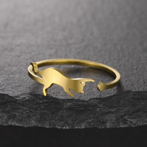 Macro detail of golden cat open ring with smooth metal finish on black rock