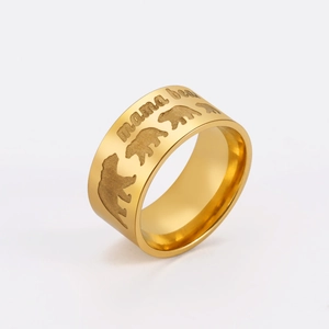 Detail of 10mm gold stainless steel ring with mama bear engraving and bear silhouettes