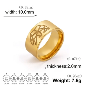 Polished 10mm wide gold stainless steel ring with minimalist bear engraving and 2mm thickness