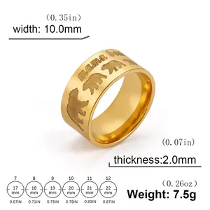 Sizing chart for 10mm wide gold stainless steel mama bear ring showing US sizes 7 to 12