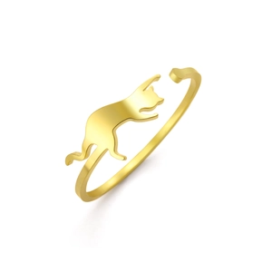 Adjustable golden cat silhouette ring made of polished stainless steel for women