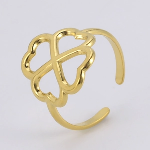 Golden clover heart open ring in stainless steel with adjustable minimalist band design