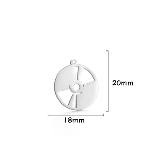 Detailed macro view of silver vinyl record charm with dimensions 18mm by 20mm