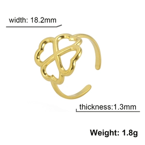 Adjustable hollow clover heart ring in gold finish with 18.2mm width and 1.3mm thickness