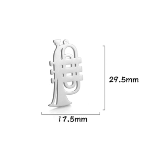 Silver trumpet instrument pendant detail showing dimensions of 29.5mm by 17.5mm