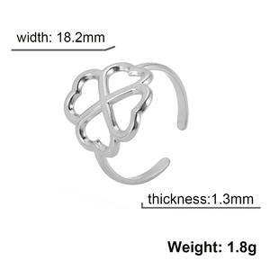 Silver stainless steel open lucky clover ring with 18.2mm width and 1.3mm thickness