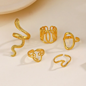 Five-piece gold stainless steel ring set featuring snake, hollow, and face designs