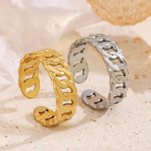 Stainless Steel Cuban Chain Open Ring For Women 18K Gold Silver Plated Adjustable Hollow Link Band Niche Design Jewelry