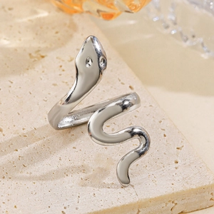 Polished silver snake wrap ring in stainless steel with an adjustable open band design