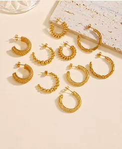 Detailed collection of 18K gold plated C-shaped hoop earrings with textured patterns