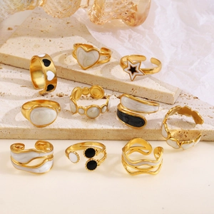 Anello Aperto di Tendenza in Acciaio Inossidabile Placcato Oro Smalto Cuore Stella Geometrico Regolabile Gioielli Moda Donna
