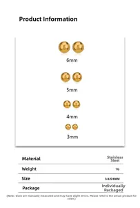 Size chart for golden stainless steel ball stud earrings in 3mm 4mm 5mm and 6mm diameters