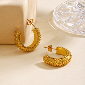 Chic 18K gold plated stainless steel C-shape earrings with textured beaded surface for women