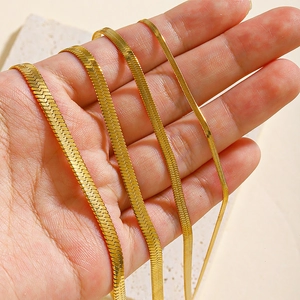 Four different widths of 18K gold plated stainless steel herringbone snake chains for women