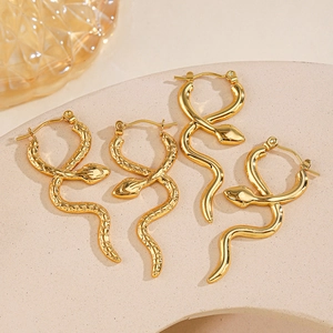 Women Vintage Gold Plated Stainless Steel Snake Hoop Earrings Trendy Animal Shaped Textured Smooth Earrings Jewelry Gift