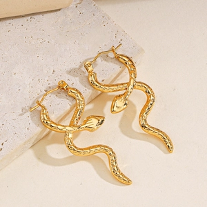 Vintage gold stainless steel snake hoop earrings with detailed scale texture for women