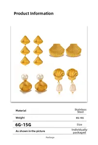 Details van gouden schelp oorbellen van roestvrij staal met parels en maten