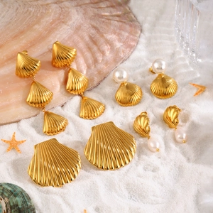Roestvrij Stalen Schelp Kunstparel Hangende Oorbellen Verguld Zomer Vakantie Oceaan Element Oorknopjes Voor Vrouwen Mode Sieraden
