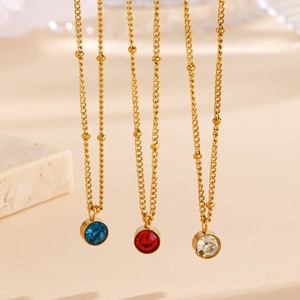 18K gold plated stainless steel bead chain necklaces with colorful birthstone pendants