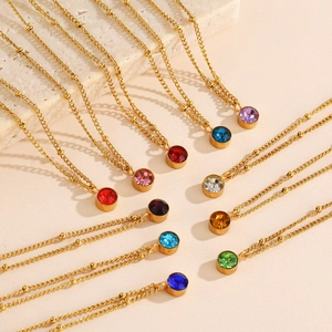 18K gold plated stainless steel saturn chain necklace with 12 colorful birthstone pendants