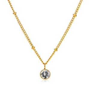 18K gold-plated stainless steel necklace with round white zircon pendant and beads