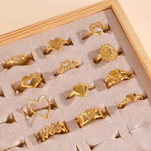 Set de 12 anillos dorados de corazón en acero inoxidable con grabado Love You de moda