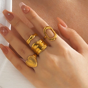 Bague Ouverte en Acier Inoxydable Mode pour Femmes Motif Cœur Géométrique Bambou Ajustable Bijoux Or Argent