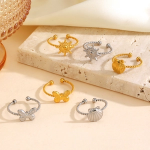 Set di 6 anelli bohémien placcati oro 18K regolabili con motivi sole e farfalla
