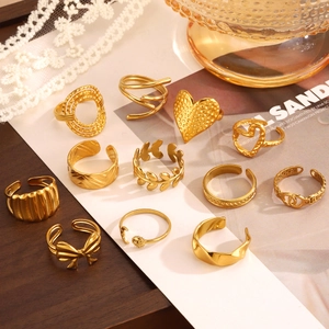 Anello Aperto in Acciaio Inossidabile Vintage Francese Per Donna Placcato Oro 18K Minimalista Geometrico Cuore Foglia Luna Sole Anello da Dito Gioielli