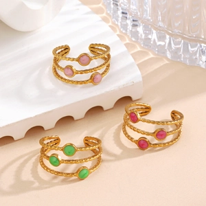 Bague Ouverte Réglable en Acier Inoxydable à 3 Couches Colorée Émail Goutte d'Huile Perle Ronde Bijoux Hip Hop pour Femmes