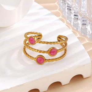 Bague ouverte en acier inoxydable doré à trois couches avec perles en émail rose