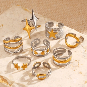 Bagues bicolores en acier inoxydable plaqué or 18 carats avec motifs étoile et cœur