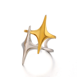 Bague en acier inoxydable bicolore avec motif d'étoiles croisées en or 18K et argent