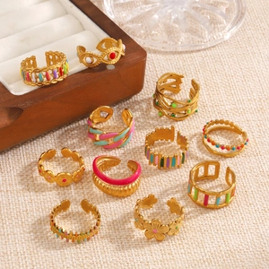 Bague Ouverte en Acier Inoxydable Émaillé pour Femme Bohème Fleur Géométrique Colorée Bague de Doigt Réglable Bijoux Accessoire