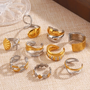 18K gold plated stainless steel geometric rings with shell motifs in mixed metal finish