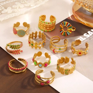 Vintage Stainless Steel Enamel Open Ring For Women Colorful Drip Oil Geometric Leaf Adjustable Bohemian Fashion Jewelry Finger Ring