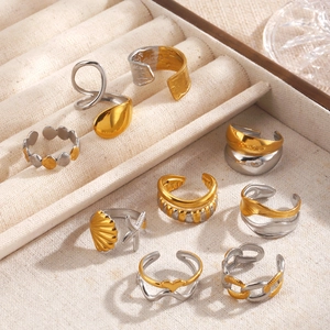 18K Gold Plated Stainless Steel Geometric Open Ring For Women Fashion Shell Starfish Two-Tone Adjustable Finger Ring Jewelry